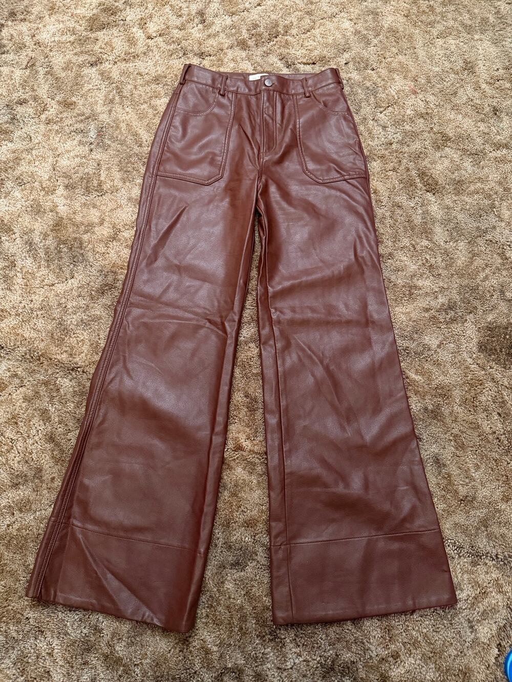 Anthropologie Pilcro The Rylan Faux Leather Flare Wide Leg Pants Cocoa Brown